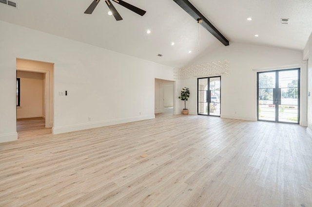 unfurnished living room with beam ceiling, ceiling fan, light wood-type flooring, and high vaulted ceiling