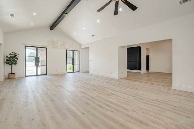 unfurnished living room featuring ceiling fan, high vaulted ceiling, light hardwood / wood-style floors, and beamed ceiling