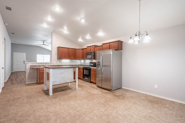 802 Wagner, Midland, TX 79707 - kitchen with black appliances, lofted ceiling, brown cabinets, baseboards, and a chandelier