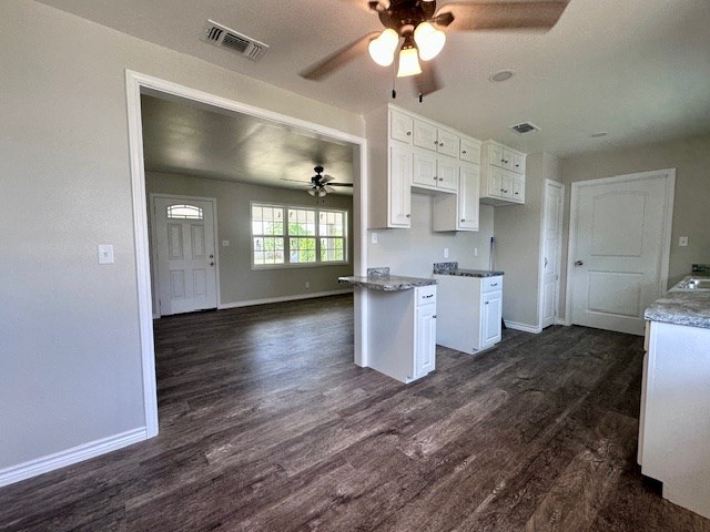 kitchen featuring ceiling fan, visible vents, dark wood-style floors, and baseboards