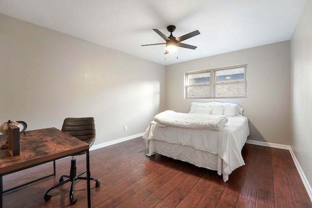 bedroom featuring dark hardwood / wood-style floors and ceiling fan