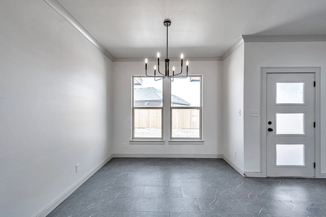 interior space with ornamental molding and a notable chandelier