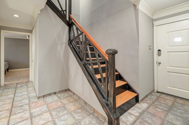 stairs with crown molding