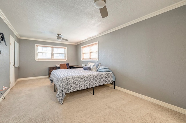 bedroom with ceiling fan, light colored carpet, and ornamental molding