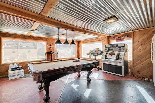 rec room featuring wooden walls and a wealth of natural light