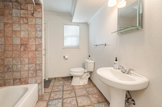 bathroom with toilet, ornamental molding, and washtub / shower combination