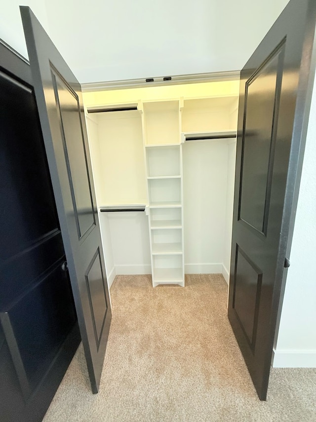 walk in closet featuring light carpet