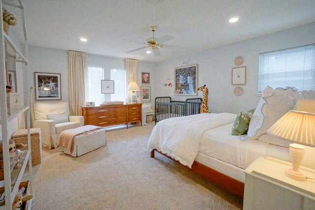 5 Bristol Ct, Midland, TX 79705 - bedroom with ceiling fan, recessed lighting, and light colored carpet