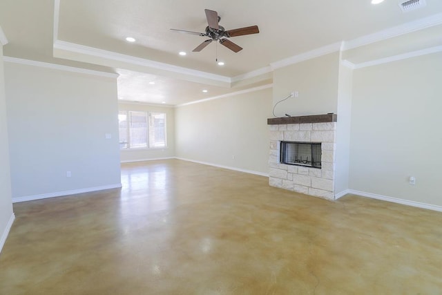 unfurnished living room with a fireplace, ceiling fan, and crown molding