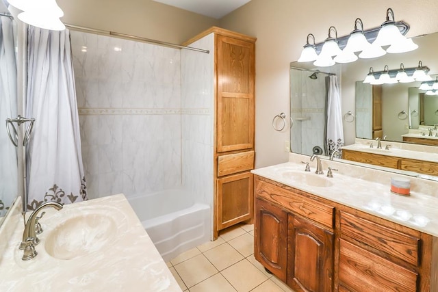 bathroom with tile patterned flooring, vanity, and shower / bath combo with shower curtain