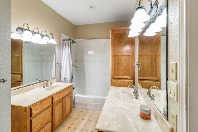 bathroom with vanity, tile patterned floors, and shower / bath combo with shower curtain