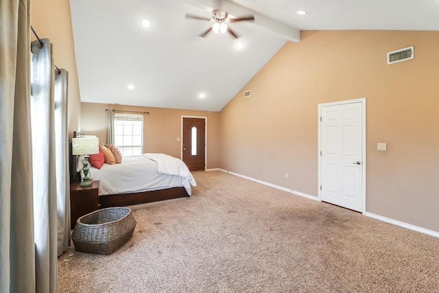 carpeted bedroom featuring high vaulted ceiling and beamed ceiling