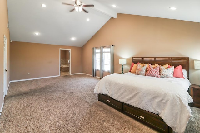 bedroom with ensuite bathroom, high vaulted ceiling, beamed ceiling, carpet flooring, and ceiling fan