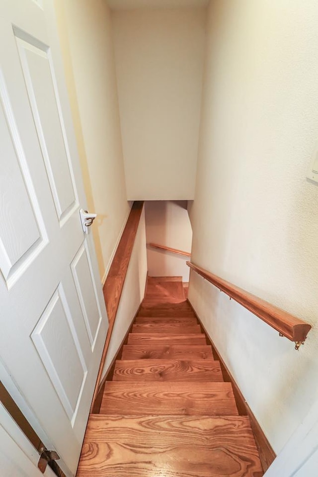 staircase with hardwood / wood-style floors