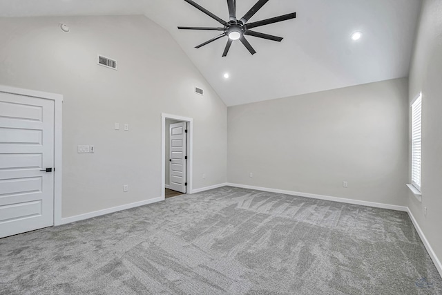 13227 E County Rd 110, Midland, TX 79706 - carpeted spare room with a ceiling fan, baseboards, visible vents, and high vaulted ceiling