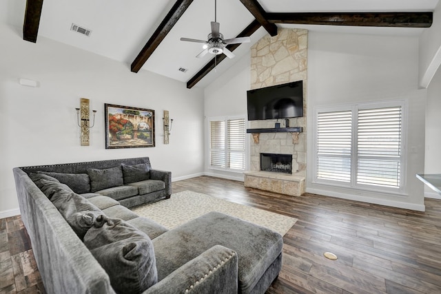 living room with visible vents, beam ceiling, high vaulted ceiling, wood finished floors, and a fireplace