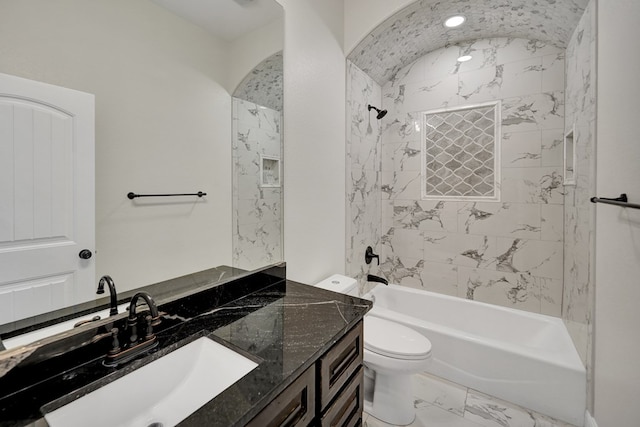 bathroom with shower / tub combination, marble finish floor, toilet, and vanity