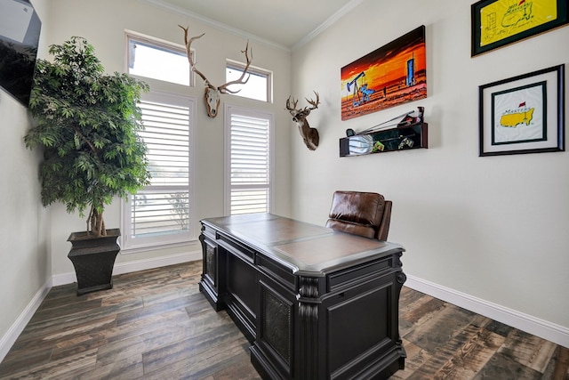 office space with dark wood-style floors, baseboards, and ornamental molding