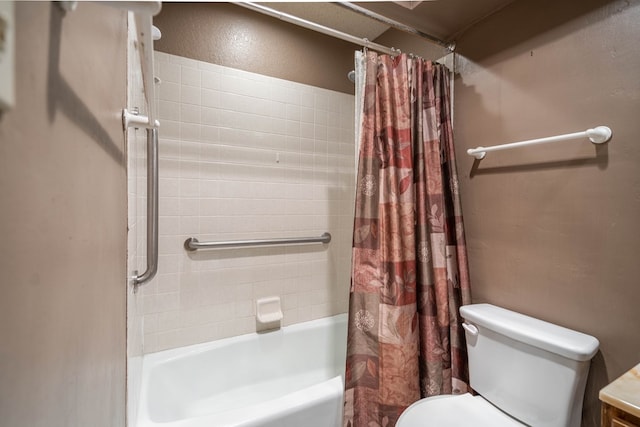 bathroom with toilet and shower / bath combo with shower curtain