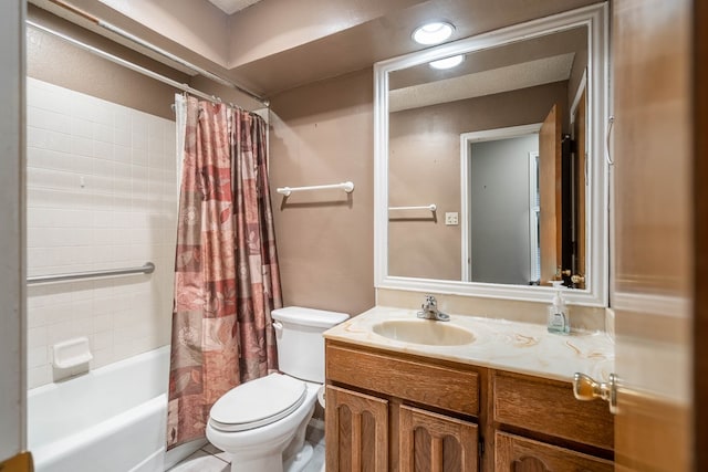 full bathroom with vanity, toilet, and shower / bath combo with shower curtain