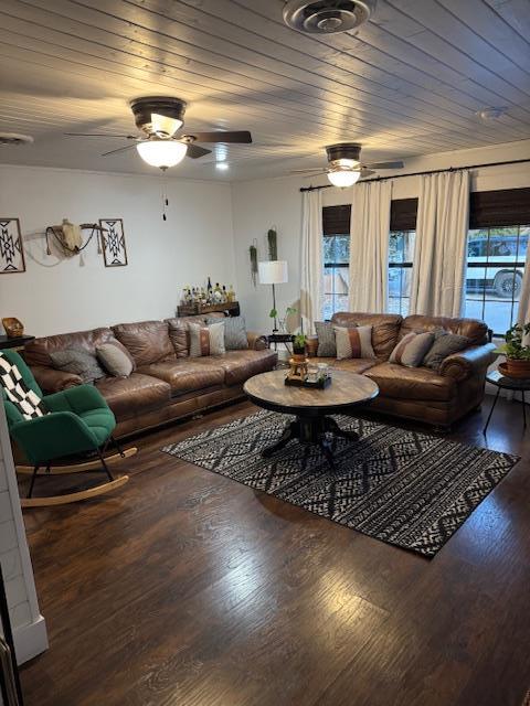 living room featuring ceiling fan, dark wood-type flooring, and wood ceiling