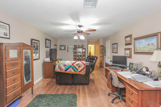 home office with a textured ceiling, light hardwood / wood-style flooring, and ceiling fan