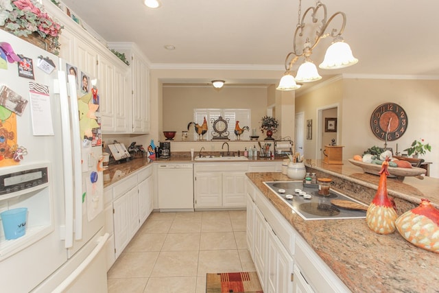 kitchen with white cabinetry, sink, crown molding, and white appliances