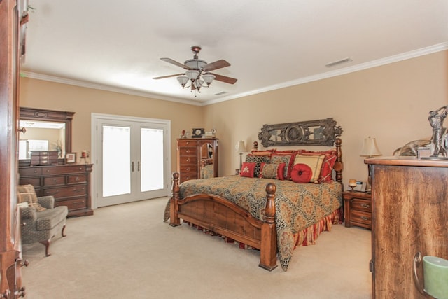 bedroom featuring ceiling fan, light colored carpet, and ornamental molding