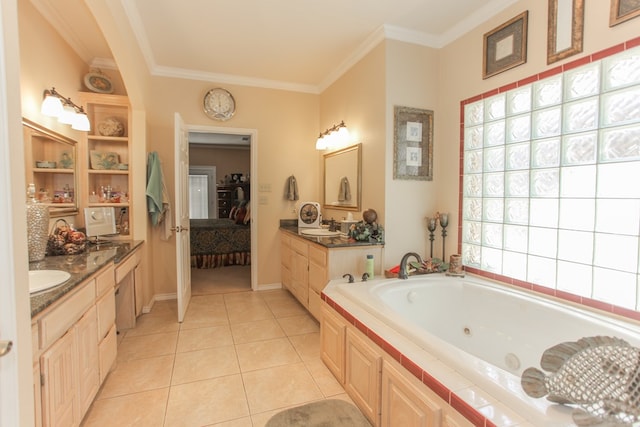 bathroom with a wealth of natural light, tile patterned flooring, vanity, and ornamental molding