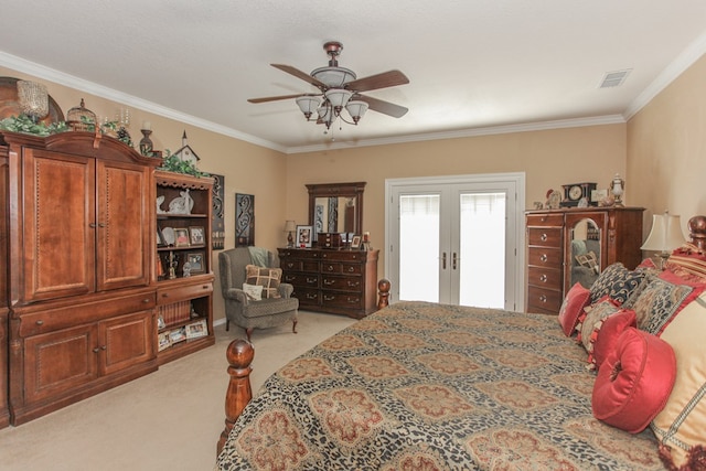 carpeted bedroom with ceiling fan, french doors, crown molding, a textured ceiling, and access to outside