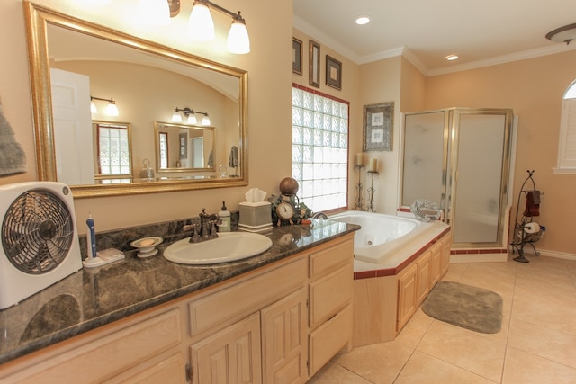 bathroom with vanity, separate shower and tub, tile patterned floors, and crown molding