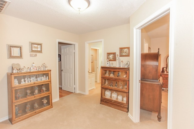 hall featuring carpet and a textured ceiling