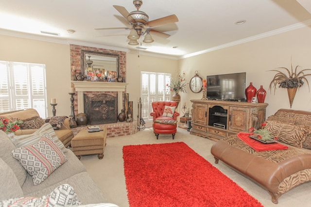 living room with crown molding, light colored carpet, and a healthy amount of sunlight