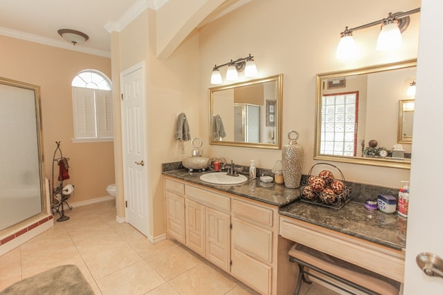 bathroom with ornamental molding, vanity, walk in shower, and a healthy amount of sunlight