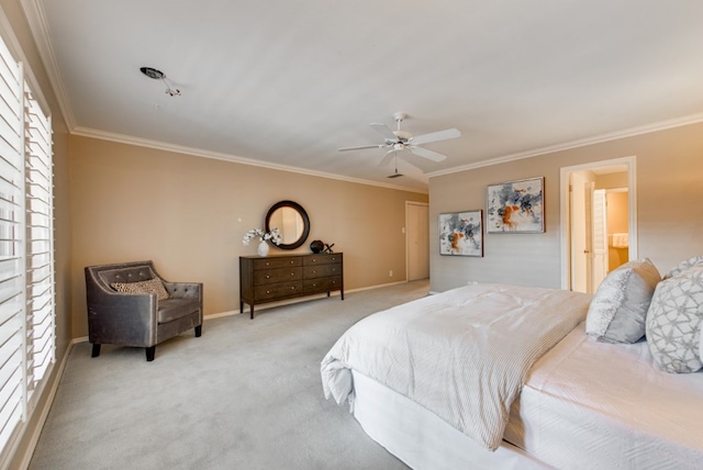 bedroom featuring multiple windows, ceiling fan, and ornamental molding