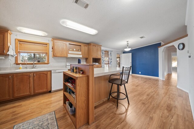 kitchen featuring sink, pendant lighting, light hardwood / wood-style flooring, dishwasher, and a center island