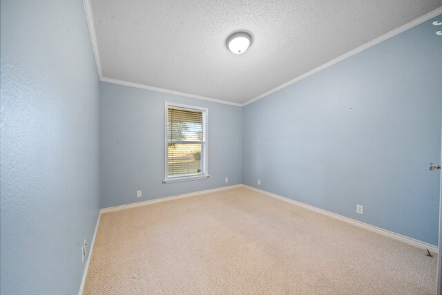 carpeted spare room with a textured ceiling and ornamental molding