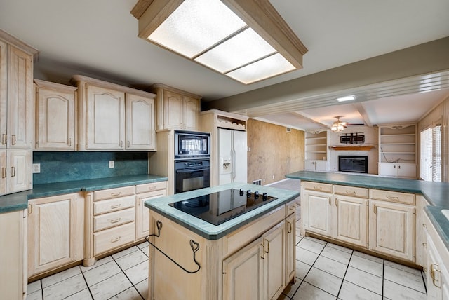 kitchen featuring a ceiling fan, light tile patterned floors, black appliances, and light brown cabinets