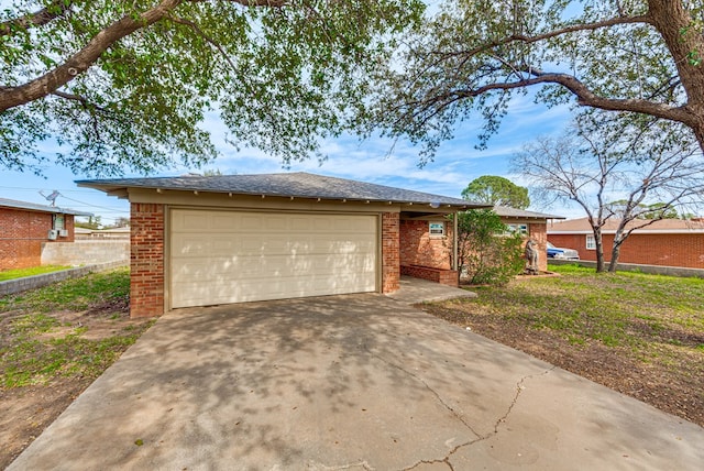 ranch-style house with driveway, a garage, brick siding, fence, and a shingled roof