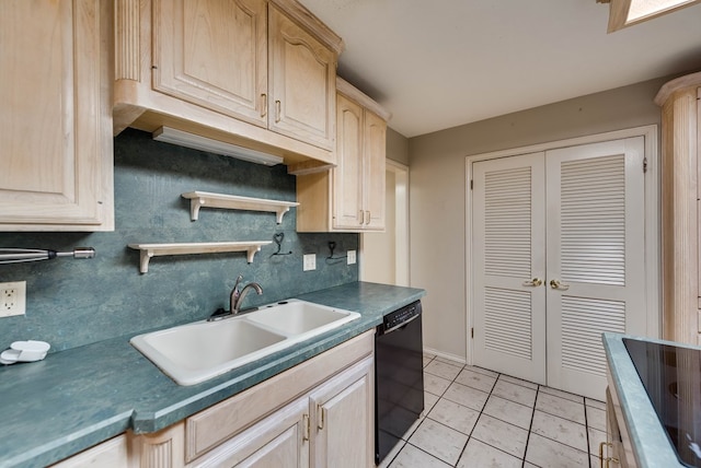 kitchen with light brown cabinetry, light tile patterned flooring, a sink, dishwasher, and decorative backsplash