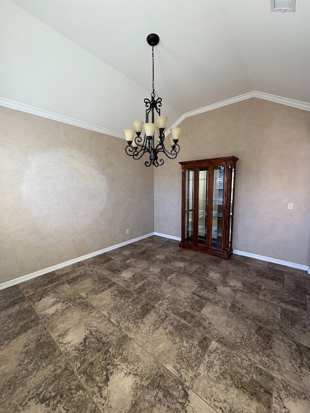 unfurnished dining area with vaulted ceiling, ornamental molding, and a notable chandelier