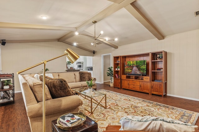 living room with a notable chandelier, dark wood-type flooring, and lofted ceiling with beams