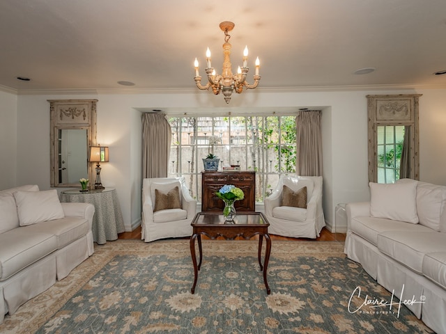 1509 Bedford Dr, Midland, TX 79701 - living area with ornamental molding, a chandelier, wood finished floors, and baseboards