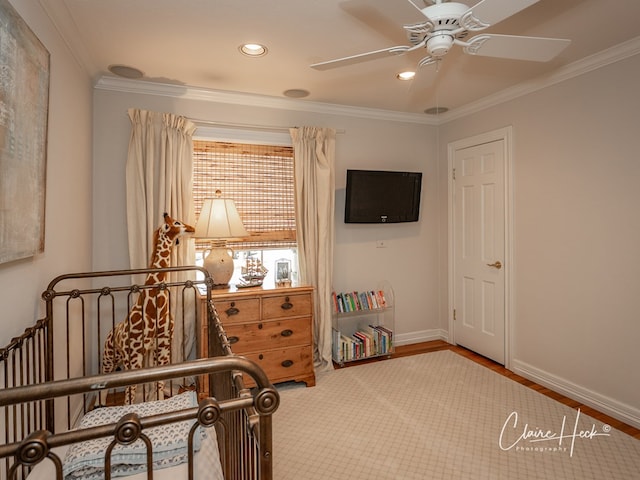 1509 Bedford Dr, Midland, TX 79701 - bedroom featuring ornamental molding, baseboards, recessed lighting, wood finished floors, and ceiling fan