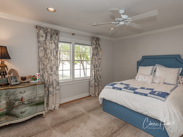 1509 Bedford Dr, Midland, TX 79701 - bedroom featuring baseboards, crown molding, recessed lighting, and a ceiling fan