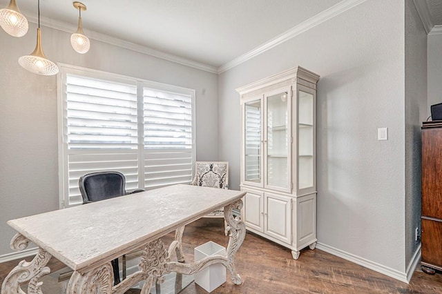 office space with dark hardwood / wood-style floors and crown molding