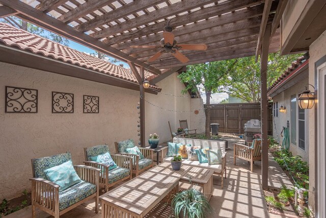 1115 Gulf Ave, Midland, TX 79705 - view of patio featuring outdoor lounge area, a fenced backyard, ceiling fan, a pergola, and grilling area