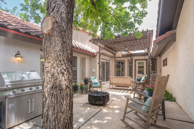 1115 Gulf Ave, Midland, TX 79705 - view of patio featuring a ceiling fan, a pergola, an outdoor living space with a fire pit, and a grill