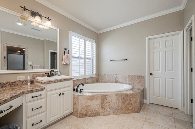 full bathroom with tile patterned flooring, a garden tub, vanity, and crown molding