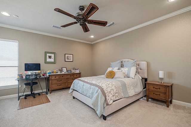 bedroom featuring light carpet, crown molding, and visible vents